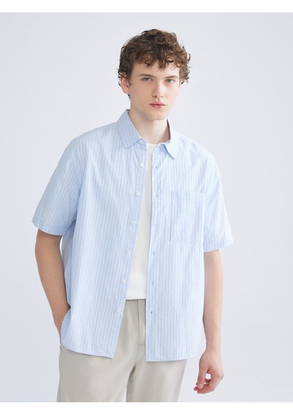 Yeni Sezon Rahat Kalıp Kısa Kollu Çizgili Erkek Gömlek