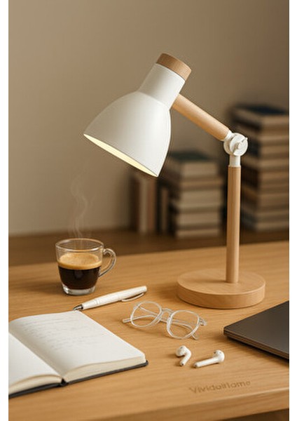Doğal Ahşap Iskandinav Beyaz Masa Lambası