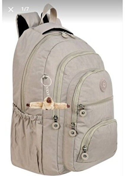 Lüx Krinkıl Kumaş Lise ve Ortaokul Sırt Çantası Maymun Anahtarlık