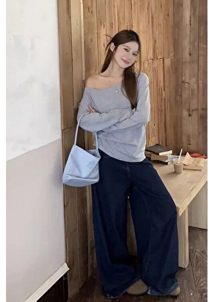 Gri Kadın Düşük Omuz Kayık Yaka Oversize Uzun Kollu T-Shirt