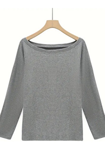 Gri Kadın Düşük Omuz Kayık Yaka Oversize Uzun Kollu T-Shirt