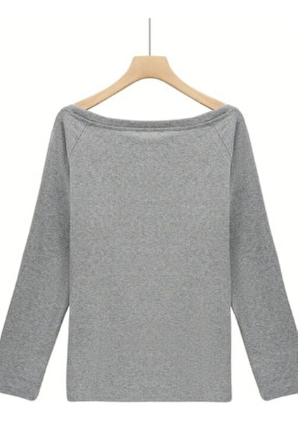 Gri Kadın Düşük Omuz Kayık Yaka Oversize Uzun Kollu T-Shirt