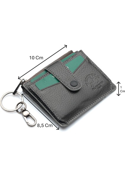 Hakiki Deri Anahtarlıklı ve Fermuarlı Bol Kart Bölmeli Unisex Kartlık - Gri