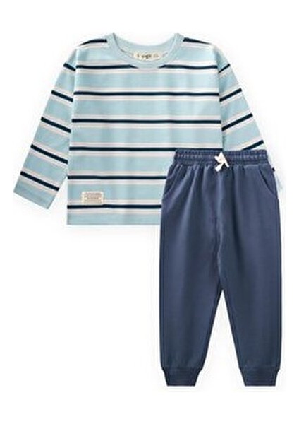 Çizgili Uzun Kollu T-Shırt Takım 2-12 Yaş Turkuaz Lacivert Çizgili