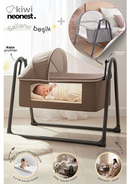 Neonest Anne Yanı Cibinlikli ve Tenteli, Sallanır. Keten , Portatif Sepet Beşik