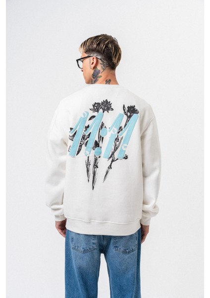 Erkek 11.11 Baskılı Bisiklet Yaka Oversize Sweatshirt Ekru