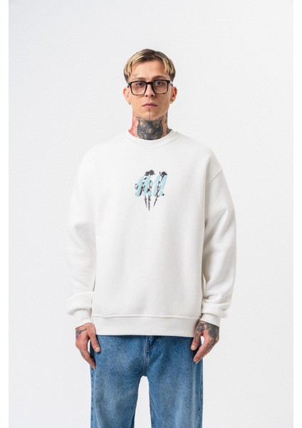 Erkek 11.11 Baskılı Bisiklet Yaka Oversize Sweatshirt Ekru fiyatları