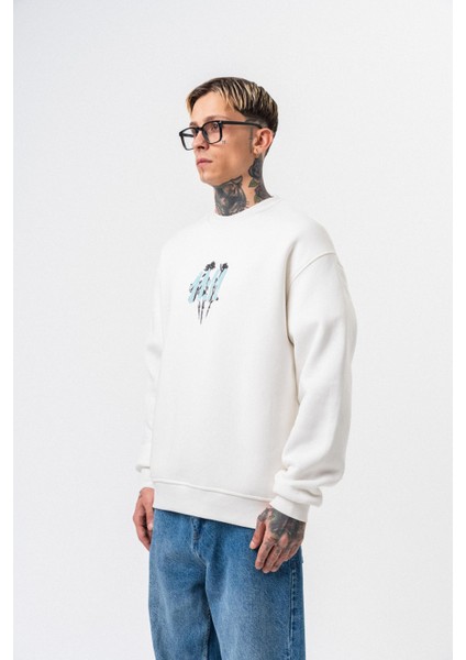 Erkek 11.11 Baskılı Bisiklet Yaka Oversize Sweatshirt Ekru modelleri