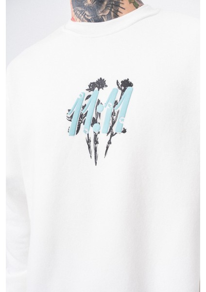 Erkek 11.11 Baskılı Bisiklet Yaka Oversize Sweatshirt Ekru fırsatları