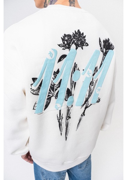 Erkek 11.11 Baskılı Bisiklet Yaka Oversize Sweatshirt Ekru indirimleri