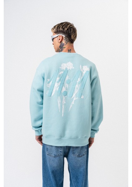 Erkek 11.11 Baskılı Bisiklet Yaka Oversize Sweatshirt Bebe Mavi