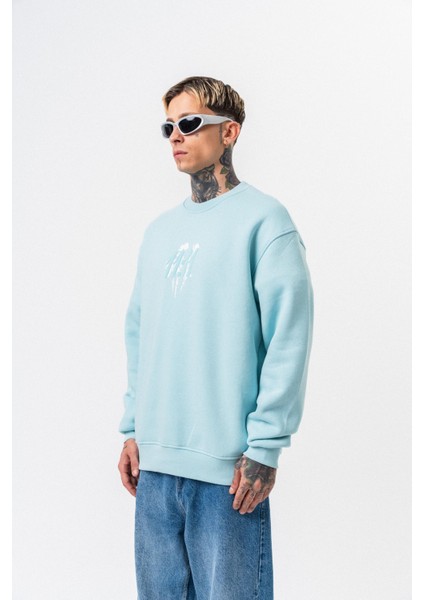 Erkek 11.11 Baskılı Bisiklet Yaka Oversize Sweatshirt Bebe Mavi modelleri