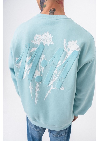 Erkek 11.11 Baskılı Bisiklet Yaka Oversize Sweatshirt Bebe Mavi indirimleri