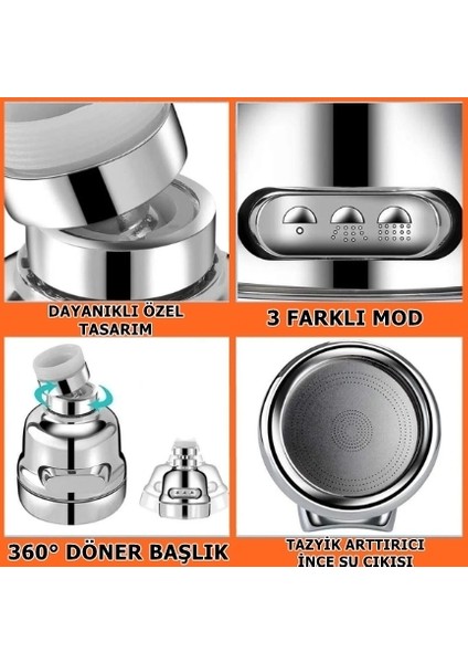 Setsuyaku Musluk Ucu 3 Fonksiyonlu, 360 Oynar Başlıklı Su Tasarruflu Batarya Başlığı