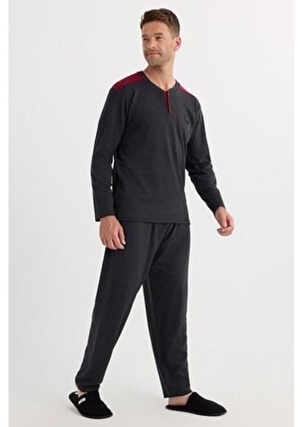 Erkek Regular Fit Pamuklu Düğmeli Yaka Beli Lastikli Desenli Antrasit Pijama Takımı