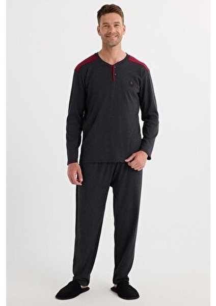 Erkek Regular Fit Pamuklu Düğmeli Yaka Beli Lastikli Desenli Antrasit Pijama Takımı indirimleri