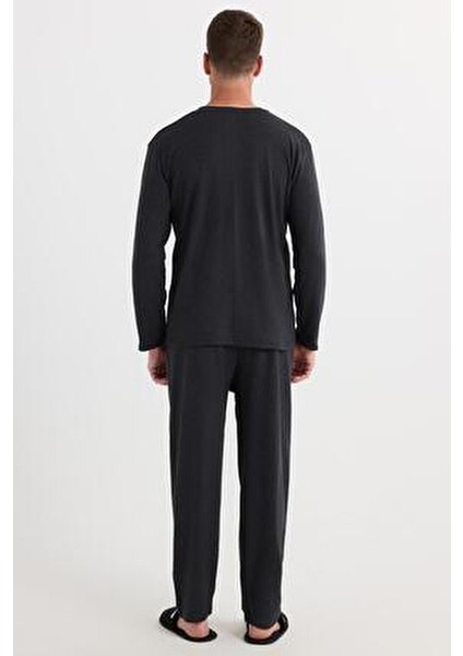 Erkek Regular Fit Pamuklu Düğmeli Yaka Beli Lastikli Desenli Antrasit Pijama Takımı