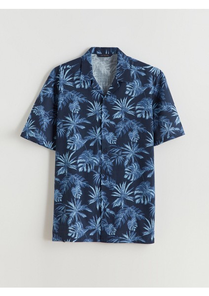 Yeni Sezon Regular Fit Resort Yaka Kısa Kollu Desenli Poplin Erkek Gömlek