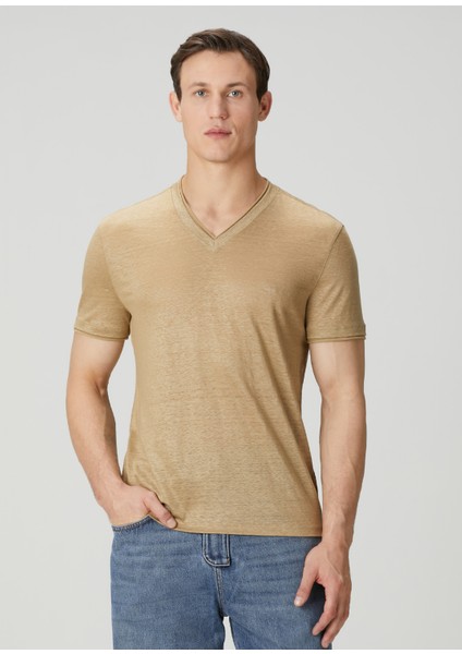 Slim Fit Wooster Taba V Yaka Keten T-Shirt