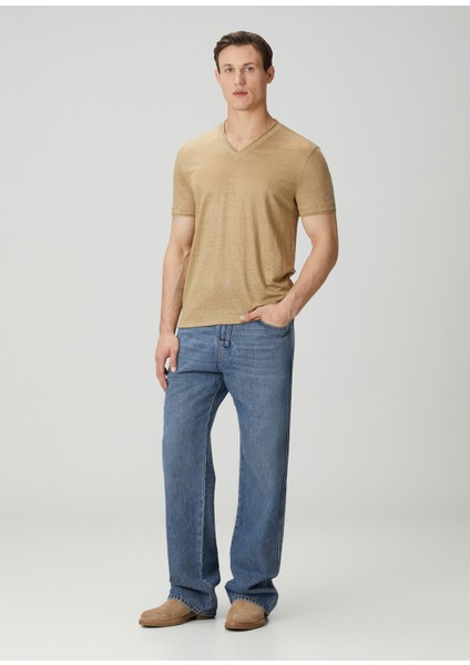 Slim Fit Wooster Taba V Yaka Keten T-Shirt fiyatları