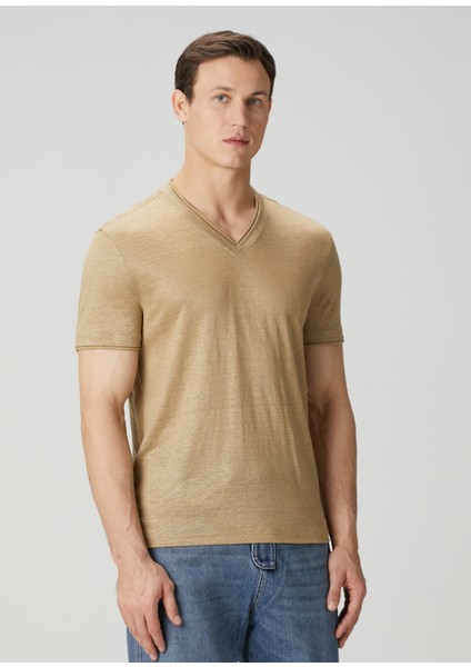 Slim Fit Wooster Taba V Yaka Keten T-Shirt modelleri