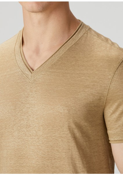 Slim Fit Wooster Taba V Yaka Keten T-Shirt indirimleri