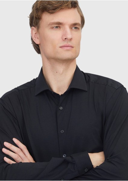Siyah Düz Regular Fit Casual Pamuk Karışımlı Gömlek modelleri
