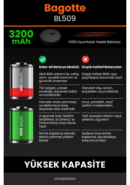 Bagotte BL509 3200MAH Robot Süpürge Bataryası - Sertifikalı Güvenlik, Gerçek Kapasite