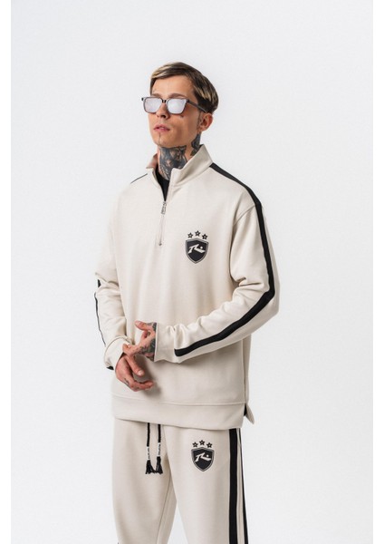 Erkek Şerit Detaylı Yarım Fermuarlı Modal Sweatshirt Ekru