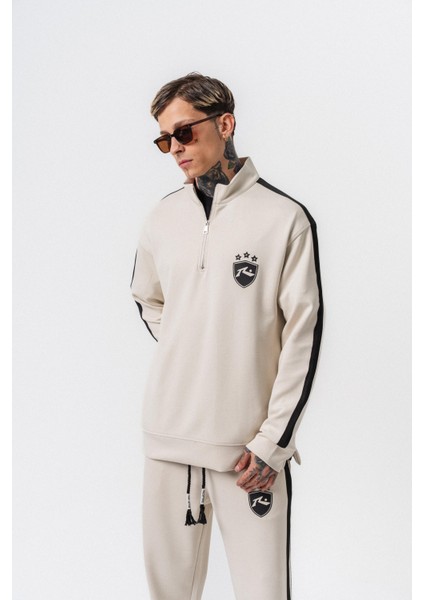 Erkek Şerit Detaylı Yarım Fermuarlı Modal Sweatshirt Ekru fiyatları