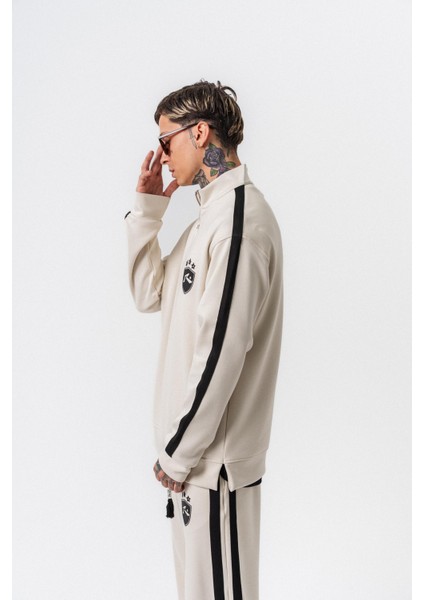 Erkek Şerit Detaylı Yarım Fermuarlı Modal Sweatshirt Ekru modelleri