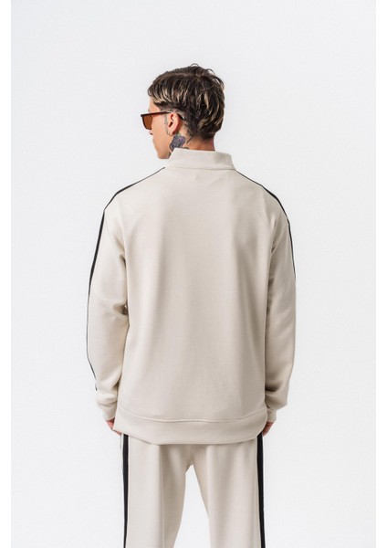 Erkek Şerit Detaylı Yarım Fermuarlı Modal Sweatshirt Ekru fırsatları