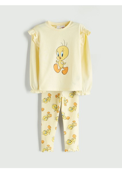 Yeni Sezon Bisiklet Yaka Tweety Baskılı Fırfırlı Kız Bebek Bluz ve Tayt 2'li