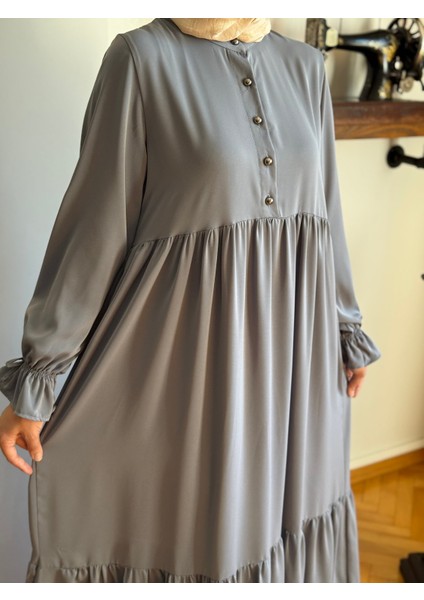 Füme Yarım Patlı 3 Katlı Tesettür Elbise 5078