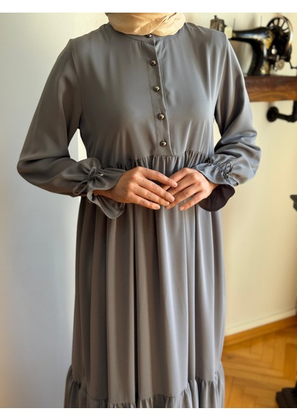 Füme Yarım Patlı 3 Katlı Tesettür Elbise 5078 fiyatları