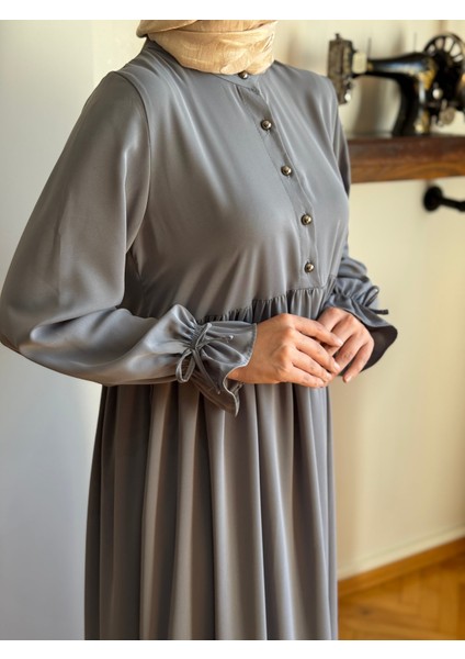 Füme Yarım Patlı 3 Katlı Tesettür Elbise 5078 modelleri