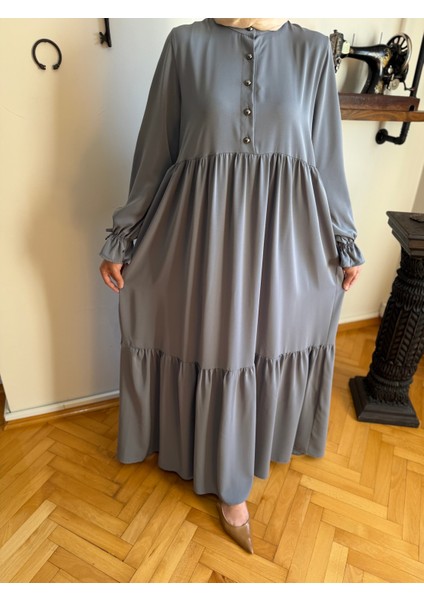 Füme Yarım Patlı 3 Katlı Tesettür Elbise 5078 indirimleri