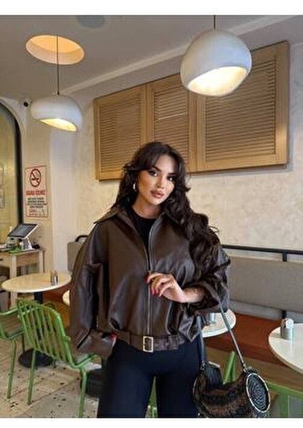 Yeni Sezon Suni Oversize Bomber Deri Ceket