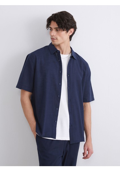 Yeni Sezon Rahat Kalıp Kısa Kollu Keten Görünümlü Erkek Gömlek