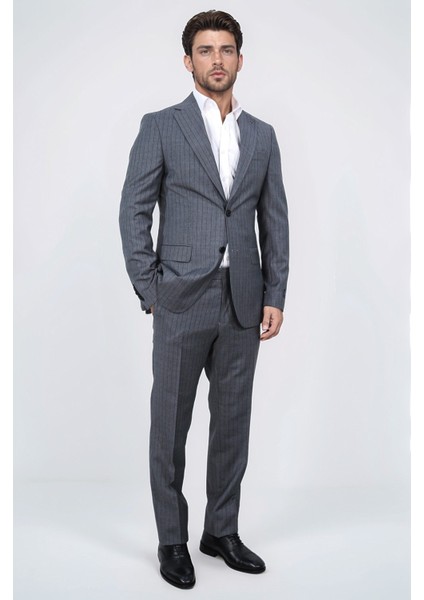 Slim Fit Mono Yaka Gri Yünlü Takım Elbise