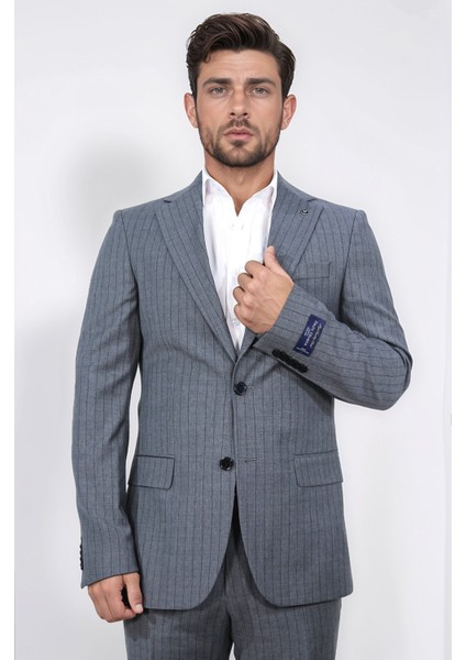 Slim Fit Mono Yaka Gri Yünlü Takım Elbise modelleri