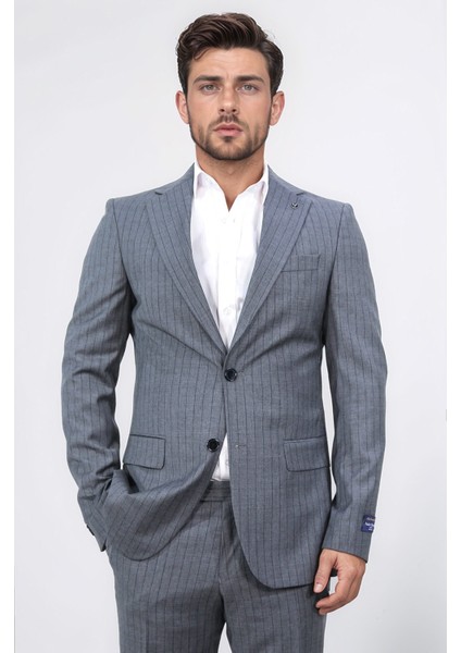 Slim Fit Mono Yaka Gri Yünlü Takım Elbise