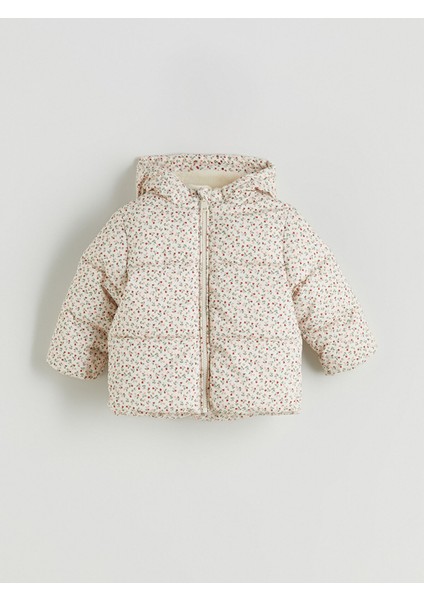 Yeni Sezon Kapüşonlu Çiçekli Kız Bebek Şişme Mont