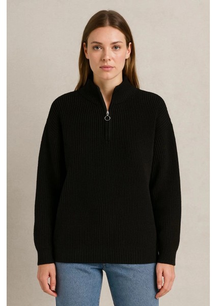 Kadın Yarım Fermuarlı Triko Kazak – Selanik Örgü, Dik Yaka, Pamuklu Dokuma, Oversize Uzun Kollu Kışlık Model - Siyah fırsatları