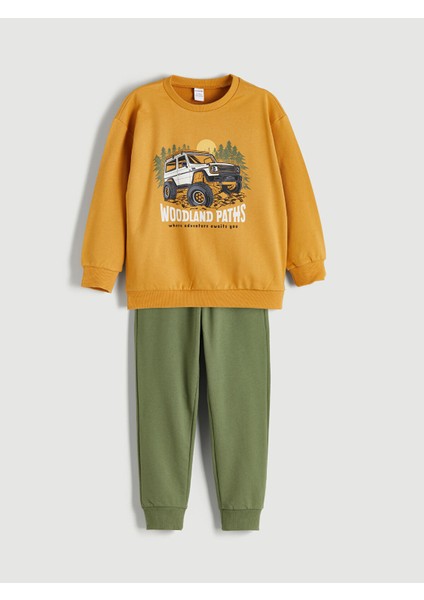 Yeni Sezon Bisiklet Yaka Baskılı Erkek Bebek Sweatshirt ve Eşofman Alt 2'li