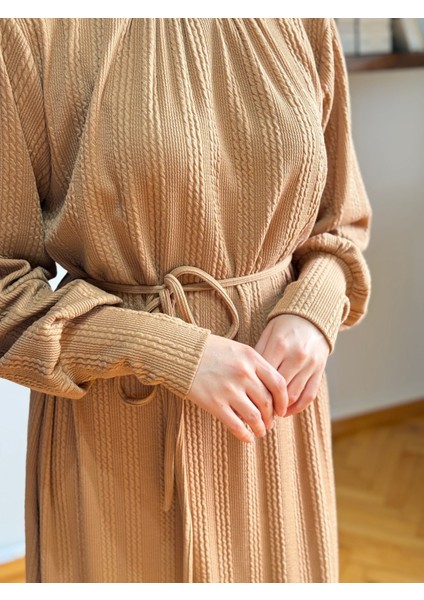Camel Saç Örgü Desen Örme Elbise 9938 fiyatları