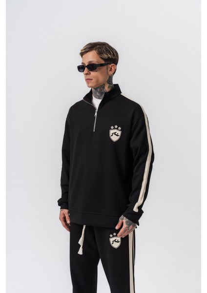 Erkek Şerit Detaylı Yarım Fermuarlı Modal Sweatshirt Siyah fiyatları