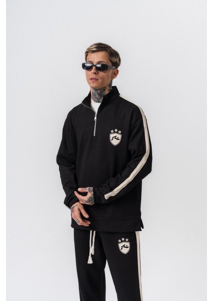 Erkek Şerit Detaylı Yarım Fermuarlı Modal Sweatshirt Siyah modelleri