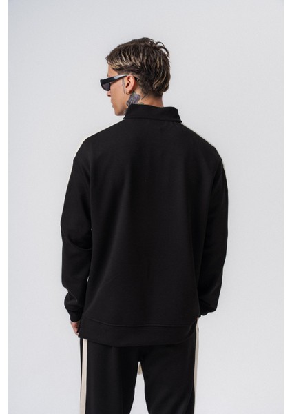 Erkek Şerit Detaylı Yarım Fermuarlı Modal Sweatshirt Siyah fırsatları