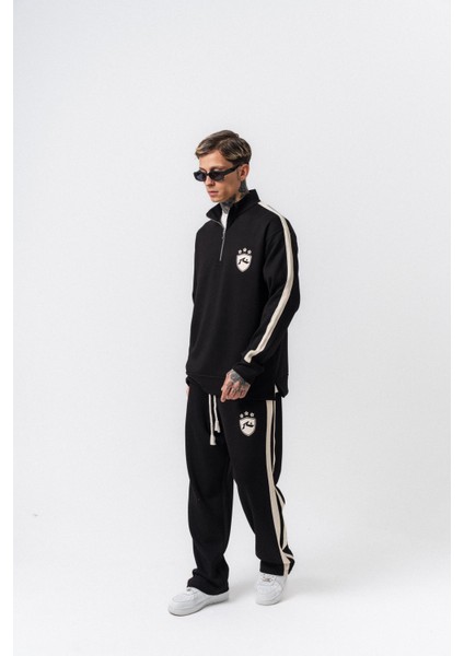 Erkek Şerit Detaylı Yarım Fermuarlı Modal Sweatshirt Siyah indirimleri